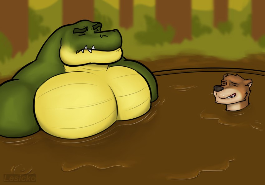 anthro duo eyes_closed male male/male mud mud_bath muscular muscular_anthro muscular_male pecs size_difference swamp lesicko crocodile crocodilian mammal mustelid otter reptile scalie absurd_res hi_res