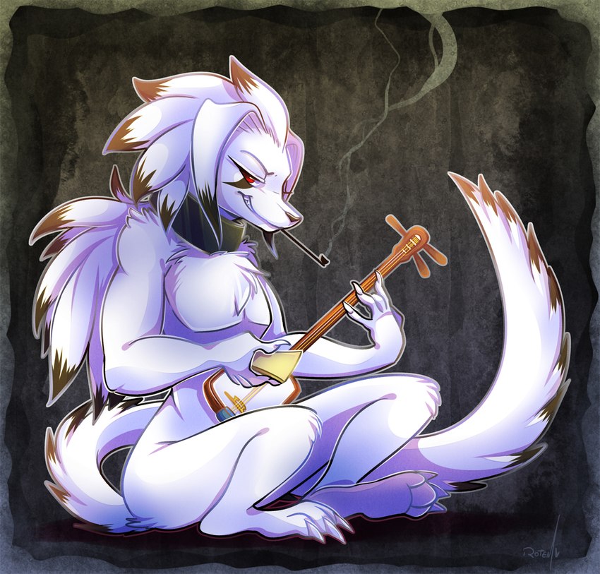 anthro fur kiseru looking_at_viewer male musical_instrument nude plucked_string_instrument red_eyes shamisen smile smoking smoking_pipe solo string_instrument tail white_body white_fur vaporotem asian_mythology east_asian_mythology japanese_mythology mythology shiro_kamaitachi kamaitachi mammal mustelid musteline true_musteline weasel yokai 2017 hi_res