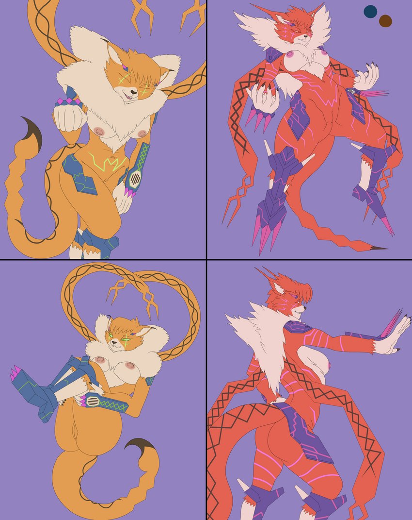 anthro armor back_tuft big_breasts big_butt breasts butt chest_tuft clothed clothing countershading cross_pupils duo female floating fur genitals green_eyes green_markings looking_at_viewer markings multiple_poses multiple_positions nipples nude orange_body orange_fur partially_clothed pose purple_markings pussy red_eyes smile smiling_at_viewer smirk thick_thighs tuft wide_hips sacrificabominat bandai_namco digimon digimon_(species) domestic_cat felid feline felis maine_coon mammal meicrackmon meicrackmon_(original) meicrackmon_normal_mode meicrackmon_vicious_mode absurd_res flat_colors hi_res