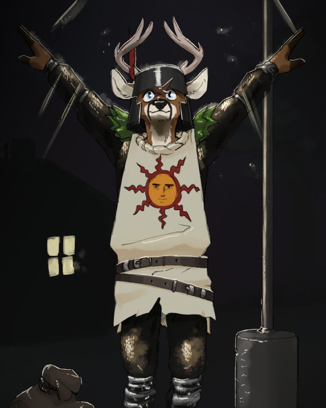 anthro antlers armor blue_eyes brown_body brown_fur chainmail clothing cosplay costume fur great_helm headgear helmet horn male solo necrotext dark_souls fromsoftware praise_the_sun_(meme) yaranaika solaire_of_astora tzarious deer mammal new_world_deer white-tailed_deer 4:5 hi_res meme