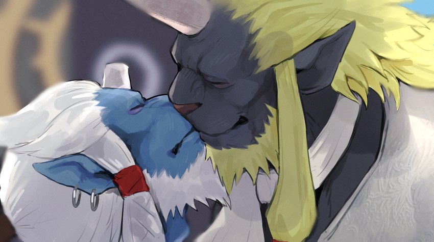 anthro biped black_body blonde_hair blue_eyes detailed_background duo ear_piercing eyes_closed hair kissing male male/male piercing white_hair k0bit0wani final_fantasy final_fantasy_x square_enix biran kimahri felid mammal ronso hi_res