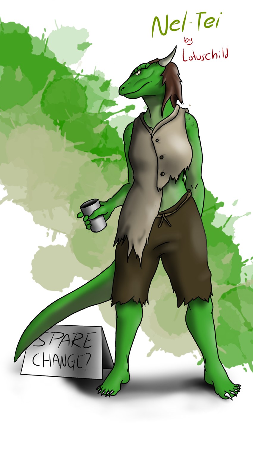 anthro brown_hair clothing container cup female green_body green_scales hair horn paint_splatter poor scales sign solo tail text torn_clothing lotuschild microsoft the_elder_scrolls nel-tei_(golddrake) argonian scalie 9:16 hi_res