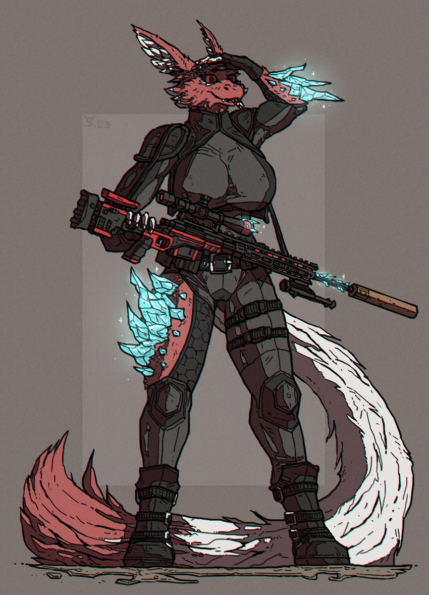 anthro big_tail black_sclera boots clothing elemental_manipulation female footwear fur gun ice_body icicle inner_ear_fluff ranged_weapon red_body red_eyes red_fur rifle shoes simple_background sniper_rifle solo stealth_suit tail tail_tuft tongue tongue_out tuft uniform weapon white_body white_fur alexandrys omaira_jeckals fenril_(spicy_flakes) full-length_portrait hi_res portrait