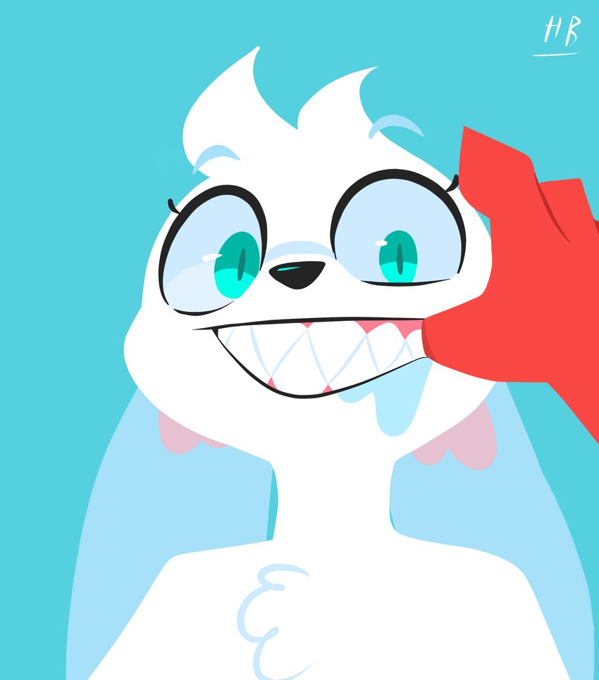 anthro black_nose disembodied_hand duo finger_in_mouth fur head_tuft mouth_play sharp_teeth teeth tuft white_body white_fur hydrabb lagomorph leporid mammal rabbit 2022 absurd_res digital_media_(artwork) hi_res lineless