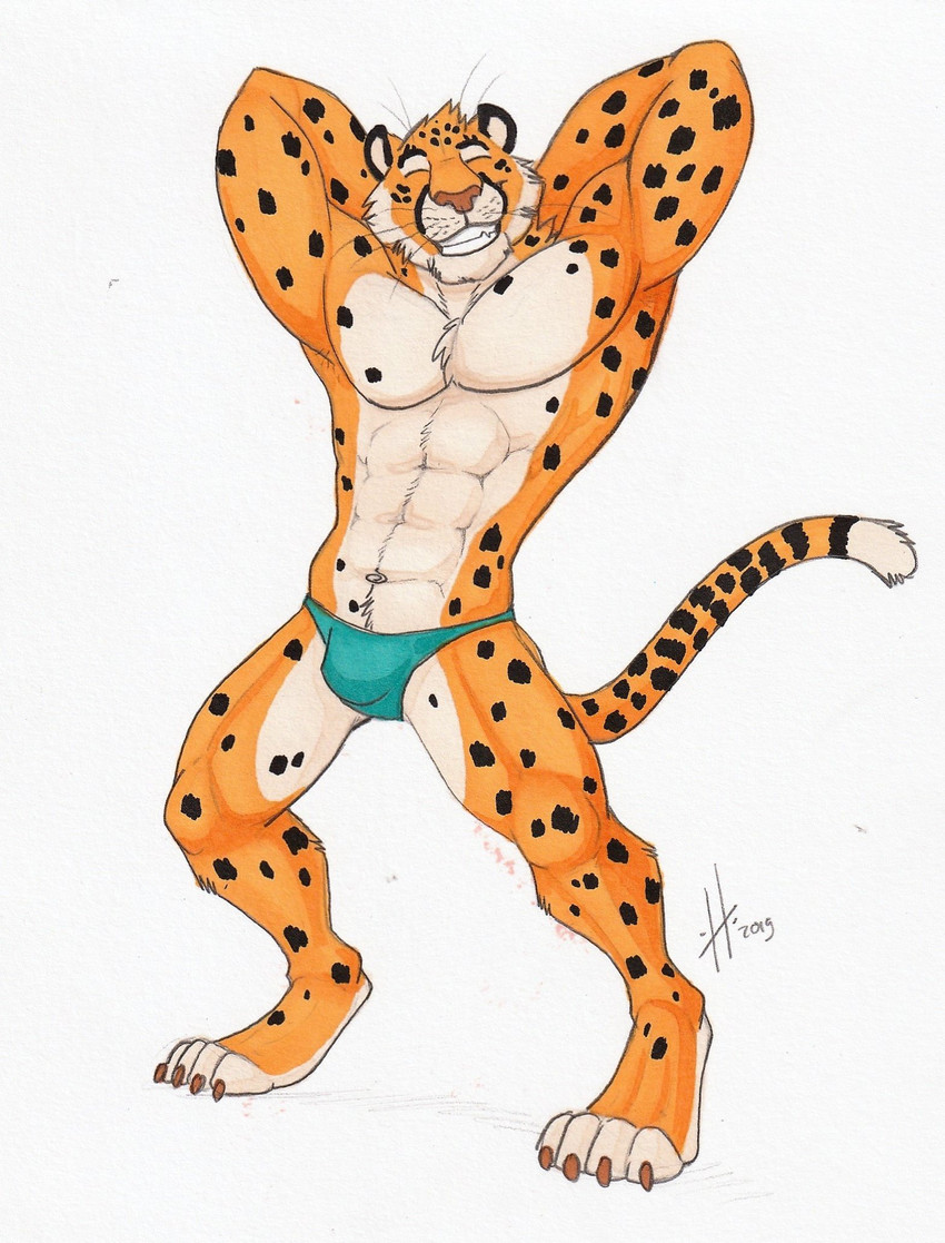 abs anthro blue_bottomwear blue_clothing bottomwear chest_tuft clothed clothing eyes_closed front_view fur grin head_tuft male male_anthro markings muscular muscular_anthro muscular_male orange_body orange_fur pecs simple_background smile solo spots spotted_arms spotted_legs spotted_markings spotted_tail standing tail tail_markings topless tuft whiskers white_background white_body white_fur hufnaar cheetah felid feline mammal 2019 dated full-length_portrait hi_res portrait