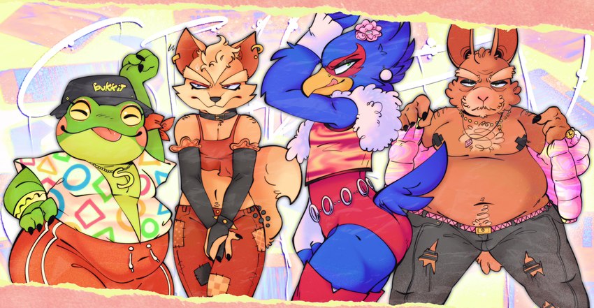 aloha_shirt anthro belly blep bucket_hat bulge clothed clothing crop_top femboy group male moobs navel nipples overweight pasties pattern_clothing pattern_shirt pattern_topwear shirt shoulder_hair skimpy smile tongue tongue_out topwear torn_clothing salamikii nintendo star_fox falco_lombardi fox_mccloud peppy_hare slippy_toad amphibian avian bird canid canine falcon falconid fox frog hare lagomorph leporid mammal toad_(frog) absurd_res hi_res