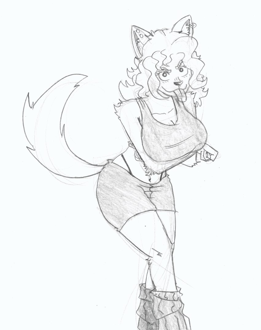 anthro big_breasts bottomwear bra breasts clothing curled_hair eyebrows female fur hair loose_socks shorts solo sports_bra sportswear thick_eyebrows tongue tongue_out underwear white_body white_fur efradraws blanca_(nicky_illust) canid canine canis domestic_dog mammal absurd_res graphite_(artwork) hi_res monochrome sketch traditional_media_(artwork)