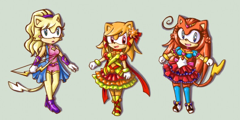 anthro blue_eyes bow_(weapon) clothing dress female flower fur group hair orange_body orange_fur plant ponytail ranged_weapon red_eyes weapon yellow_body yellow_fur dj-mewmew sega sonic_the_hedgehog_(series) sonichu_(series) crystalina_rosechu fan_character saramah_rosechu sunny_rosechu eulipotyphlan hedgehog hybrid mammal in_hair