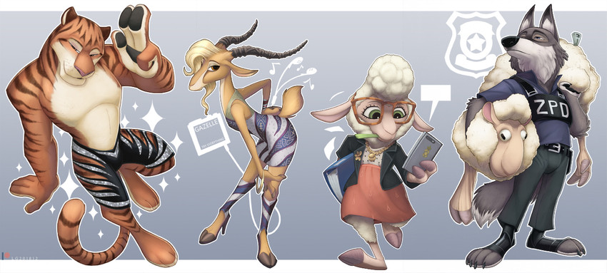 anthro athletic athletic_anthro athletic_male barefoot bottomwear clothed clothing cloven_hooves countershading eyewear feet female fully_clothed fur furgonomics glasses group hooves horn male police police_uniform shorts skirt standing stripes tail tail_through_skirt topless uniform wool_(fur) zootopia_shorts conditional_dnp loupgarou disney zootopia dawn_bellwether gazelle_(zootopia) officer_wolfard tiger_dancer_(zootopia) antelope bovid canid canine canis caprine felid gazelle mammal pantherine sheep tiger wolf 2018