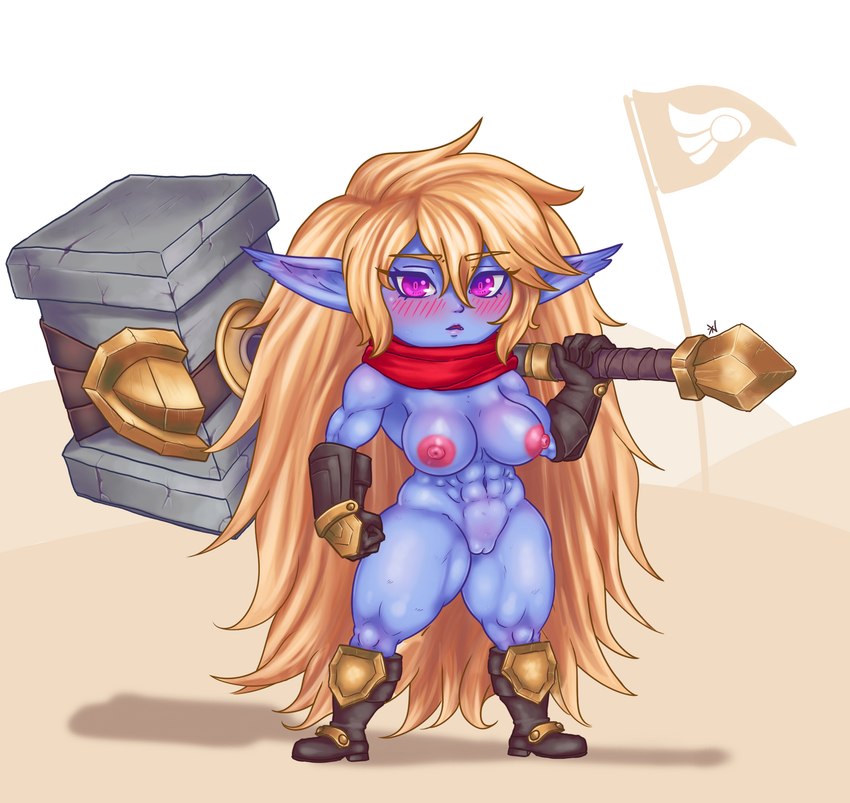 abs areola big_breasts big_hair blonde_hair blue_body blue_fur blush blush_lines boots breasts brown_boots brown_clothing brown_footwear brown_gloves brown_handwear clothing eyelashes female footwear fur genitals gloves hair hair_down hammer handwear holding_hammer holding_object holding_tool holding_weapon humanoid_pointy_ears long_hair looking_at_viewer maul muscular muscular_female navel nipples nude open_mouth pink_areola pink_nipples pointy_ears pupils purple_eyes pussy red_scarf scarf shoes short_stack simple_background slit_pupils solo thick_thighs tools weapon weapon_on_shoulder white_background wide_hips kilih188 league_of_legends riot_games tencent poppy_(lol) humanoid yordle absurd_res hi_res