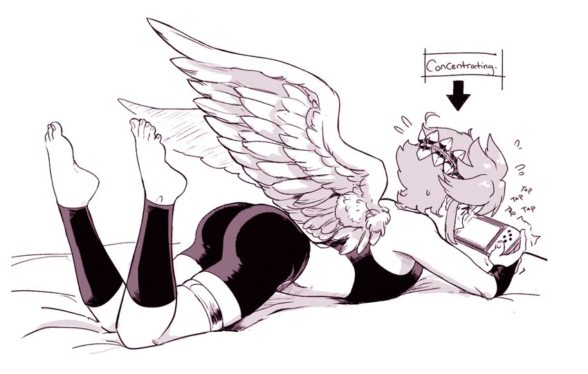 barefoot bed butt clothing feathered_wings feathers feet furniture gaming hair male not_furry playing_video_game solo toes wings soft_sizzle kid_icarus nintendo nintendo_switch pit_(kid_icarus) angel humanoid winged_humanoid