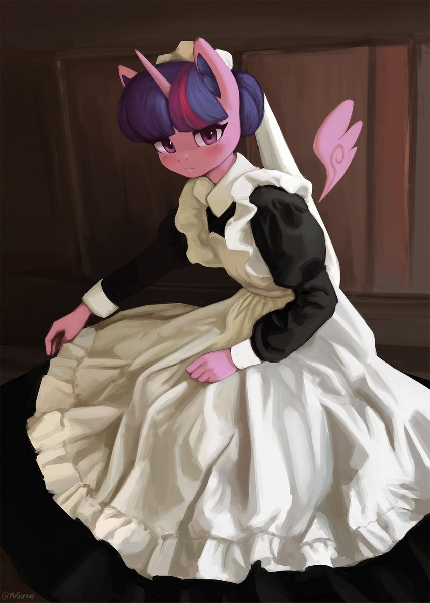 anthro anthrofied biped blush clothed clothing dress female floating_wings hair hair_bun horn maid_headdress maid_uniform purple_body purple_eyes purple_hair purple_wings solo uniform unusual_anatomy unusual_wings wings mrscroup friendship_is_magic hasbro my_little_pony mythology twilight_sparkle_(mlp) equid equine horse mammal mythological_creature mythological_equine pony winged_unicorn 2021 hi_res