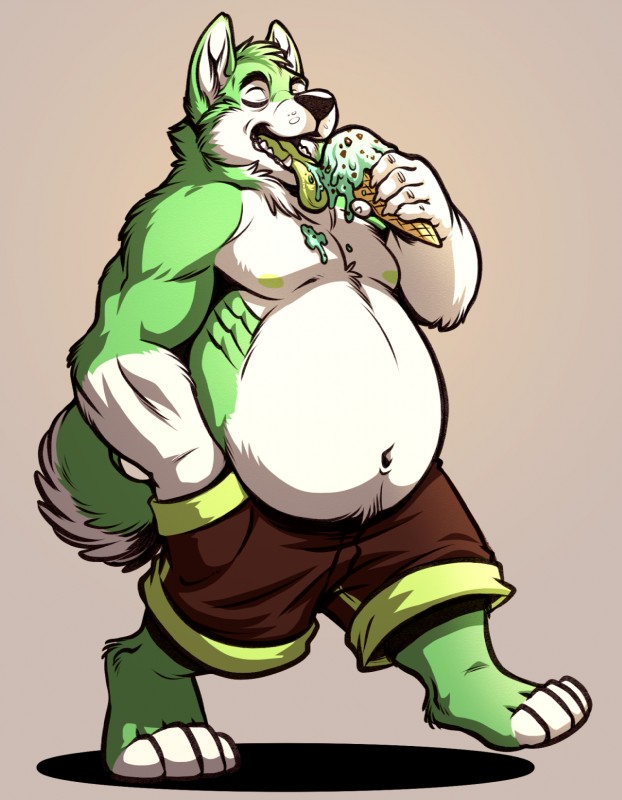 anthro belly bottomwear clothed clothing dessert food fur green_body green_fur ice_cream male nipples pants simple_background solo teeth tongue topless neodokuro canid canine canis domestic_dog husky mammal nordic_sled_dog spitz hi_res