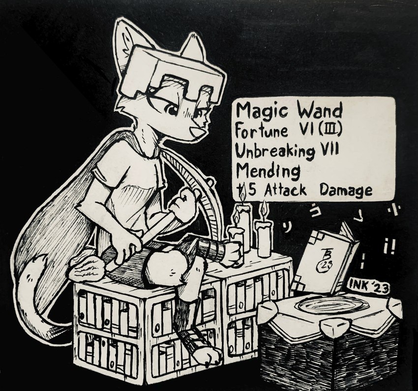 anthro book bookshelf clothed clothing enchanting_table female fully_clothed furniture holding_pickaxe shirt sitting solo t-shirt text topwear theblueberrycarrots inktober microsoft minecraft mojang xbox_game_studios faye_(sloppy) domestic_ferret mammal mustelid musteline true_musteline weasel 2023 absurd_res english_text hi_res signature traditional_media_(artwork)