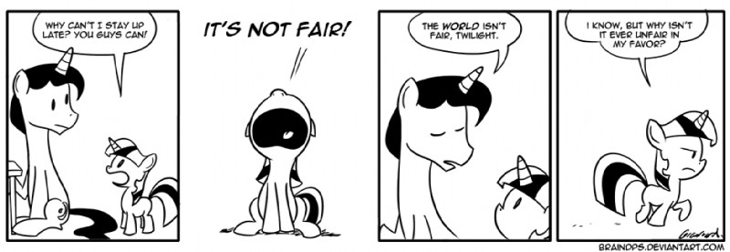 cutie_mark dialogue duo female feral fur hair horn male quadruped tail text braindps calvin_and_hobbes friendship_is_magic hasbro my_little_pony mythology night_light_(mlp) twilight_sparkle_(mlp) equid equine mammal mythological_creature mythological_equine unicorn black_and_white comic digital_drawing_(artwork) digital_media_(artwork) english_text monochrome url