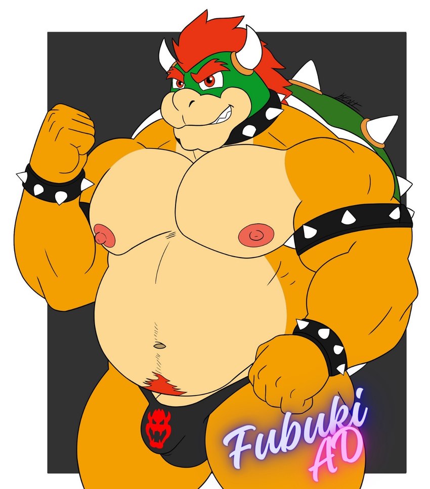 anthro belly big_belly biped bulge clothing detailed_bulge green_body green_skin hair horn male male_anthro musclegut muscular muscular_anthro muscular_male navel nipples pecs red_hair shell slightly_chubby solo thong underwear yellow_body yellow_skin wolfe_fubuki bowser_day mario_bros nintendo bowser koopa scalie hi_res