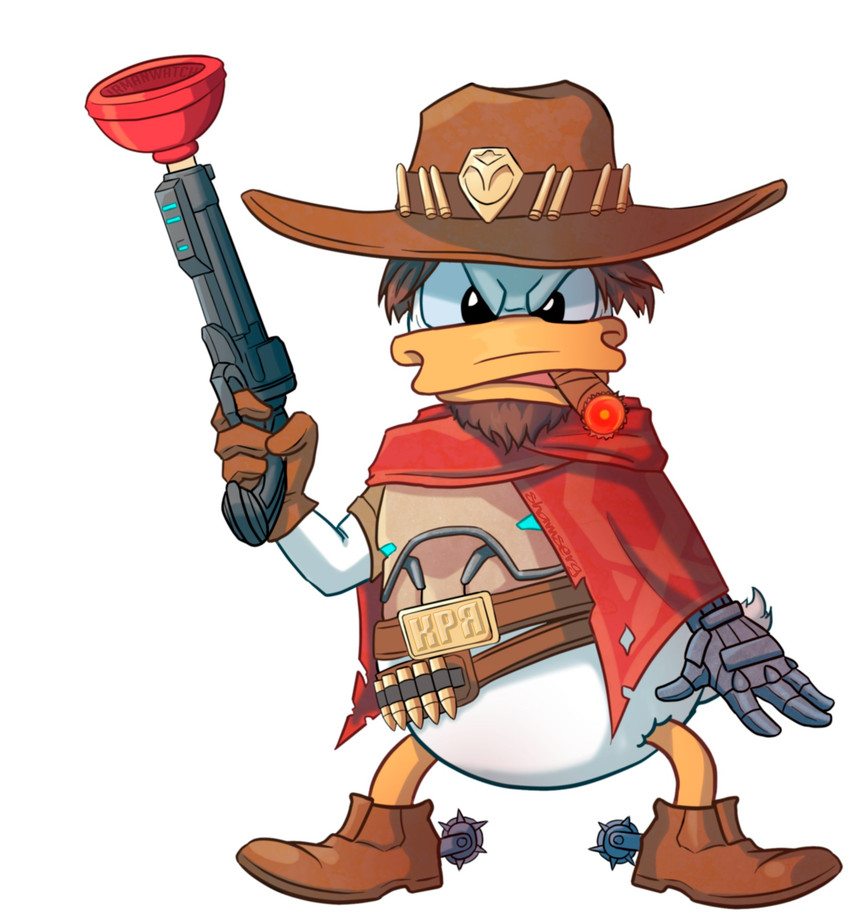 anthro beak belt cigar clothing cowboy_hat facial_hair footwear gloves gun hair handgun handwear hat headgear headwear male parody ranged_weapon simple_background solo weapon shamserg blizzard_entertainment disney overwatch cole_cassidy donald_duck anatid anseriform avian bird duck 2016 hi_res