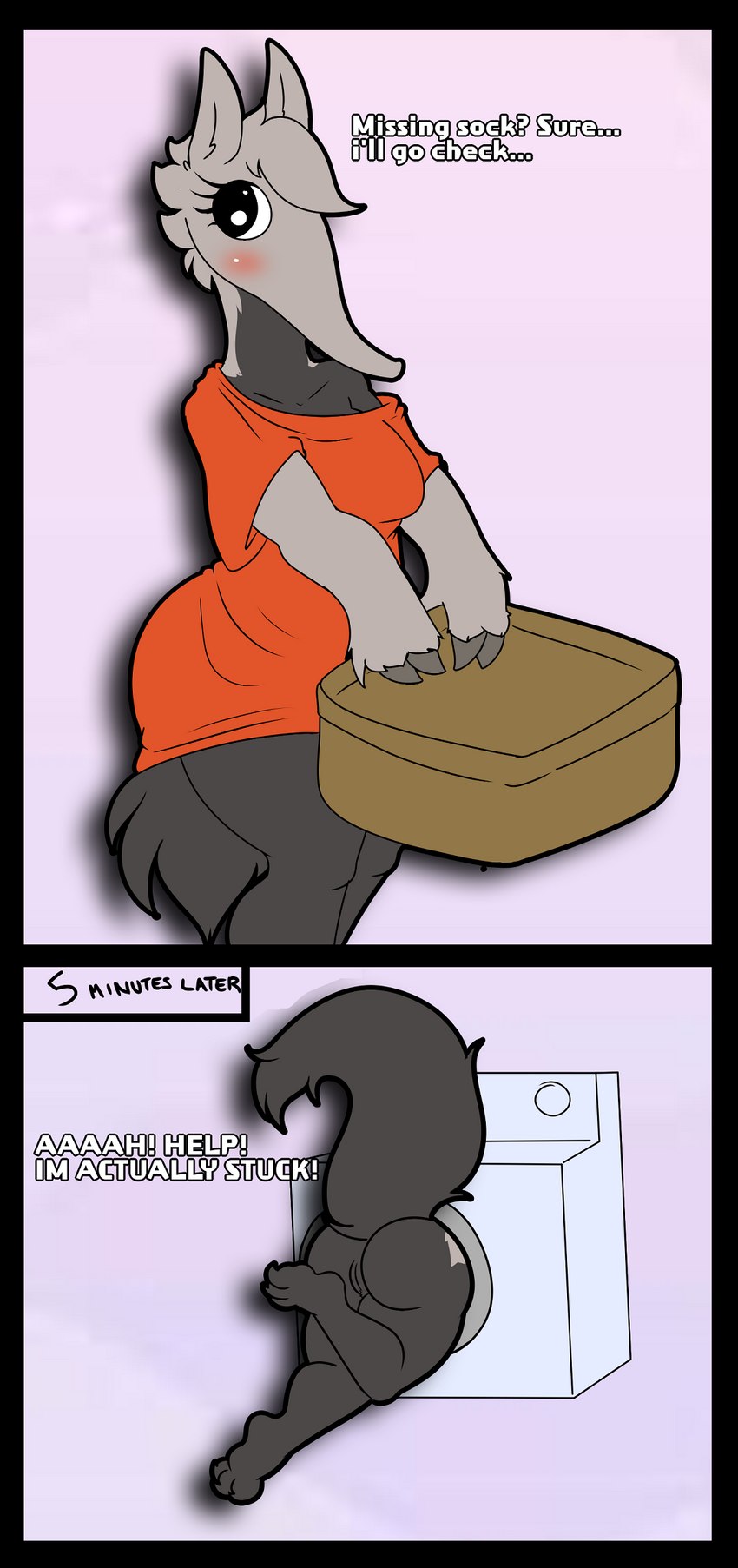 anthro appliance big_butt big_tail black_eyes blush bottomless butt clothed clothing dark_body dark_fur dialogue eyelashes female fur genitals grey_body grey_fur head_tuft laundry_machine orange_clothing orange_shirt orange_topwear pink_background pussy rear_view shirt simple_background solo stuck tail text thick_thighs topwear tuft washing_machine wide_hips xskullstomperx anteater mammal pilosan xenarthran english_text hi_res