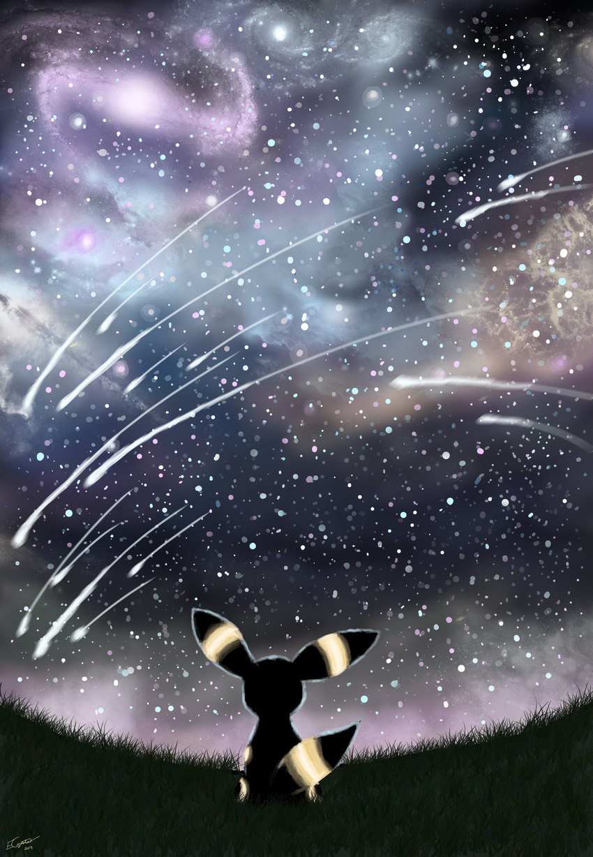 ambiguous_gender black_body black_fur cosmic_background detailed_background feral fur glowing glowing_markings grass markings night nude on_haunches outside plant poem_in_description rear_view shooting_star sky skyscape solo star starry_background starry_sky white_body white_fur white_markings yellow_body yellow_fur yellow_markings ecrystalica nintendo pokemon eeveelution generation_2_pokemon pokemon_(species) umbreon 2013 absurd_res digital_media_(artwork) digital_painting_(artwork) hi_res