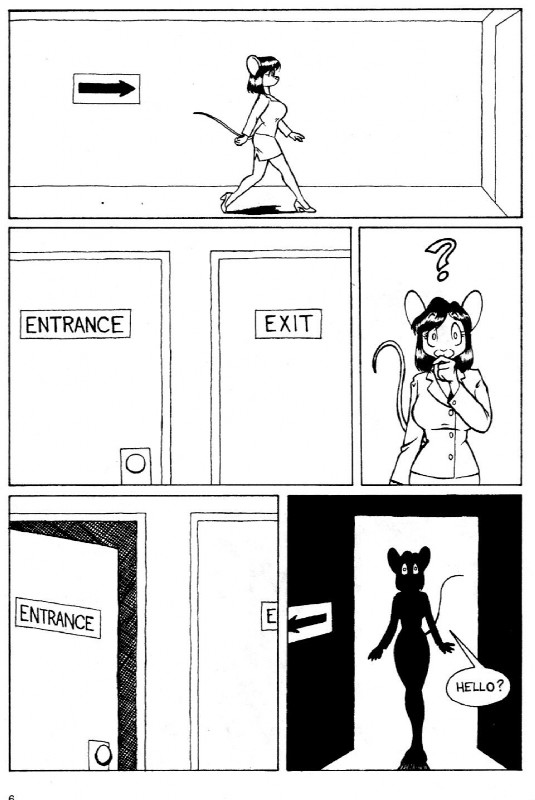 anthro clothed clothing female footwear hair high_heels mystery rat_maze shoes sign suit text david_a_cantero genus mammal mouse murid murine rodent black_and_white comic english_text hi_res monochrome pen_(artwork) traditional_media_(artwork)