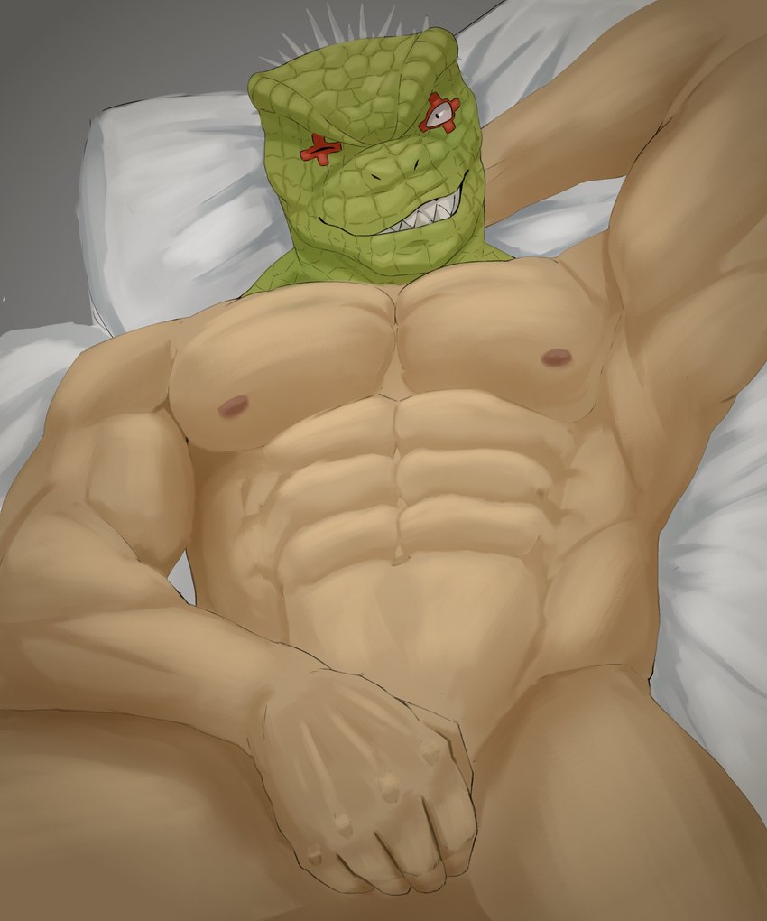 abs bed_sheet bedding for_a_head looking_at_viewer lying male muscular muscular_humanoid muscular_male nipples nude pecs pillow scales solo spikes spikes_(anatomy) teeth c_andreartz dorohedoro kaiman_(dorohedoro) animal_head animal_humanoid humanoid scalie 5:6 absurd_res hi_res