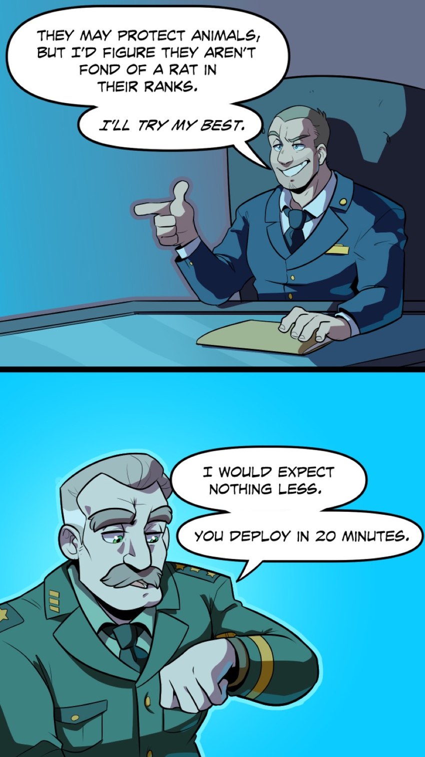 clock clothing dialogue duo facial_hair file_folder gesture grin hand_gesture male military military_uniform mustache necktie not_furry pointing smile speech_bubble text uniform watch wristwatch komoroshi_(artist) collegehumor furry_force general_clarence_(furry_force) wilson_(furry_force) human mammal 2019 comic english_text hi_res