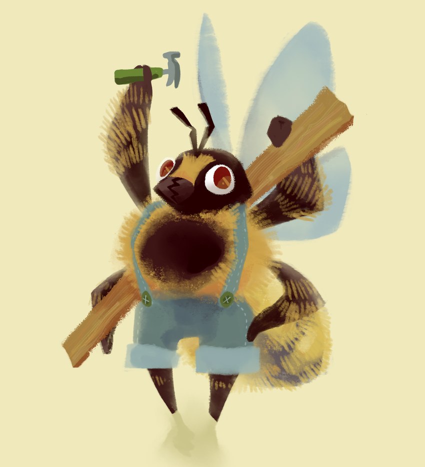 4_arms ambiguous_gender antennae_(anatomy) anthro arthropod_abdomen black_body black_fur bottomwear clothing denim denim_bottomwear denim_clothing denim_shorts fluffy fur hammer holding_hammer holding_object holding_tool insect_wings mandibles multi_arm multi_limb red_eyes shorts solo suspenders tools toony wings wood yellow_body yellow_fur bedupolker arthropod bee carpenter_bee hymenopteran insect absurd_res hi_res