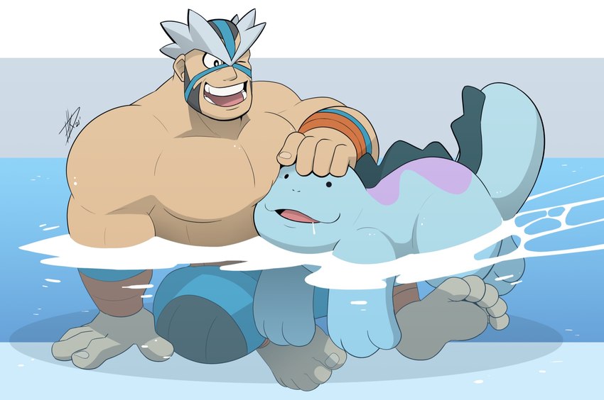 blue_body clothed clothing duo feral gym_leader male muscular muscular_human muscular_male partially_clothed partially_submerged water hikazedragon nintendo pokemon crasher_wake generation_2_pokemon human mammal pokemon_(species) quagsire hi_res