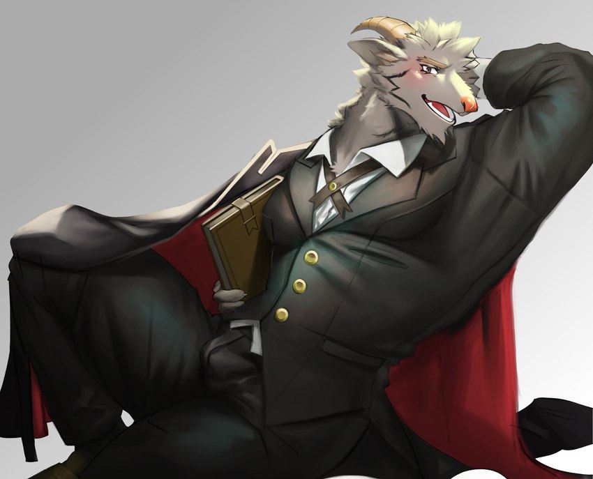 anthro black_body black_fur butler clothed clothing fur horn male simple_background solo suit tokuni lifewonders tokyo_afterschool_summoners mephistopheles_(tas) bovid caprine demon goat mammal 2021 absurd_res hi_res