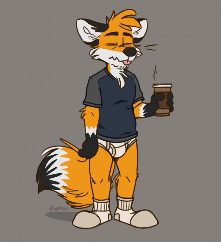 anthro beverage black_body black_fur black_nose blue_clothing blue_shirt blue_t-shirt blue_topwear briefs bulge clothed clothing coffee coffee_mug eyes_closed footwear fur grey_background grey_clothing grey_shirt grey_t-shirt grey_topwear holding_beverage holding_coffee holding_object legwear male orange_body orange_fur pantsless shadow shirt simple_background socks solo t-shirt tighty_whities tired tongue tongue_out topwear underwear white_body white_briefs white_clothing white_footwear white_fur white_legwear white_socks white_underwear tinydeerguy canid canine fox mammal hi_res signature