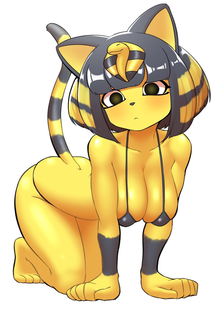 all_fours anthro barefoot big_breasts bikini black_hair blush bob_cut breasts butt clothing collarbone feet female fur hair hanging_breasts looking_at_viewer markings short_hair simple_background solo striped_markings striped_tail stripes swimwear tail tail_markings thick_thighs two-piece_swimsuit uraeus white_background yellow_body yellow_fur nobunagapero animal_crossing nintendo ankha_(animal_crossing) domestic_cat felid feline felis mammal 2023 full-length_portrait hi_res portrait