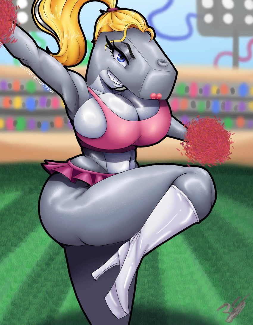 anthro big_breasts blonde_hair blue_eyes boots bottomwear breasts cheerleader clothed clothing female flower_cloud_(spongebob) footwear grey_body hair high_heeled_boots high_heels miniskirt shoes skirt smile solo thick_thighs irc_(artist) nickelodeon spongebob_squarepants pearl_krabs cetacean mammal marine whale absurd_res hi_res