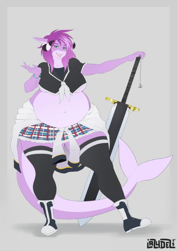 anthro belly big_belly clothed clothing female hair horn looking_at_viewer melee_weapon navel obese obese_anthro obese_female overweight overweight_anthro overweight_female smile solo standing sword weapon lazydez elmelie fish marine shark hi_res