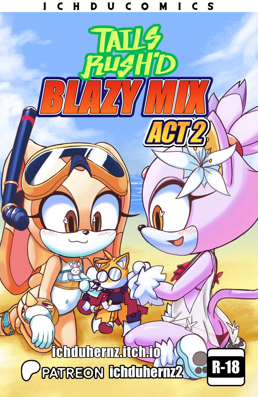 beach blush butt doll female mask sea sitting smile snorkel text water young young_female ichduhernz sega sonic_the_hedgehog_(series) blaze_the_cat cream_the_rabbit domestic_cat felid feline felis lagomorph leporid mammal rabbit 2025 absurd_res comic cover_art english_text hi_res