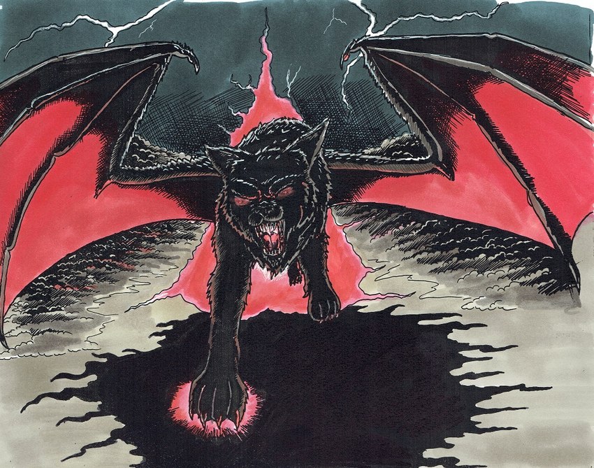 ambiguous_gender dark detailed_background fangs_bared fantasy feral imposing lightining solo supernatural wings nyghtmar3 mythology canid canid_demon canine canis demon hellhound mammal mythological_canine mythological_creature wolf traditional_media_(artwork)