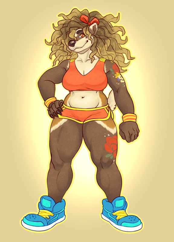 anthro biped blonde_hair bottomwear clothed clothing dolphin_shorts dreadlocks female footwear hair muscular muscular_anthro muscular_female orange_eyes shoes shorts solo tattoo unknown_artist jordan_dane badger mammal mustelid musteline absurd_res hi_res