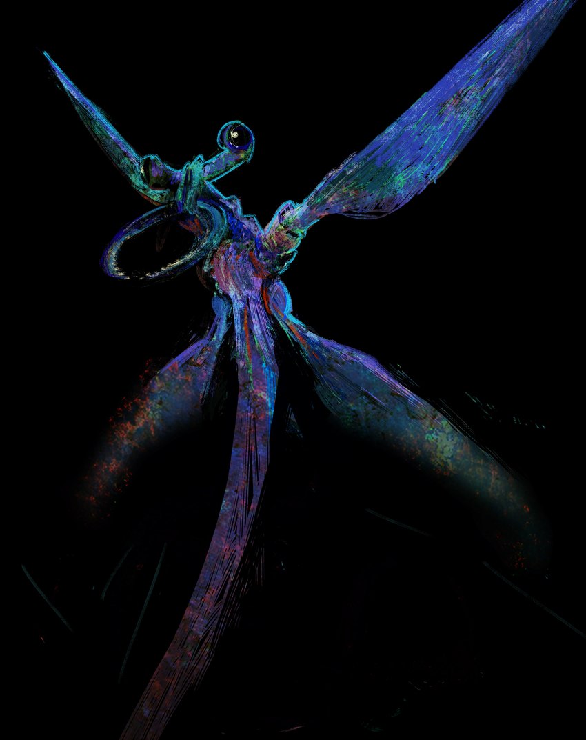 4_wings ambiguous_gender black_background blue_body eyestalks feral long_tail mandibles multi_wing simple_background solo tail three-quarter_view wings schmrgl all_tomorrows alien qu_(all_tomorrows) 2024 absurd_res digital_media_(artwork) digital_painting_(artwork) full-length_portrait hi_res portrait restricted_palette