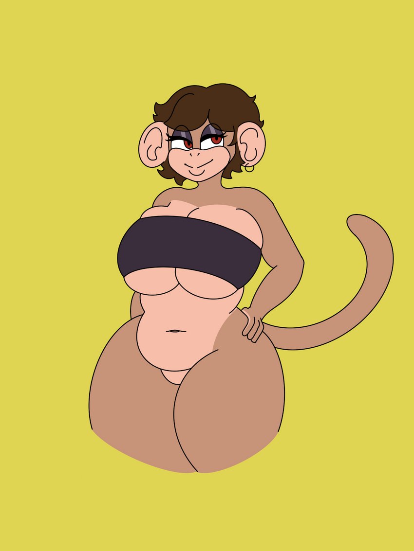 anthro big_breasts big_ears breast_squish breasts brown_body brown_fur brown_hair ear_piercing female fur hair hand_on_hip huge_breasts piercing red_eyes solo squish wide_hips dirkstridoritos sonia_(spiderboyreal) haplorhine mammal monkey primate 3:4 hi_res