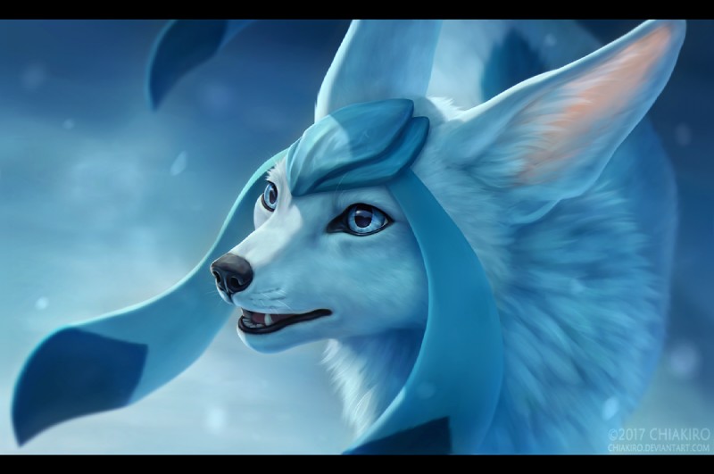 ambiguous_gender black_bars blue_body blue_eyes blue_fur fangs feral fur inner_ear_fluff looking_away open_mouth photorealism simple_background solo teeth text tuft whiskers white_body white_fur chiakiro nintendo pokemon canid canine eeveelution fox generation_4_pokemon glaceon mammal pokemon_(species) 2017 digital_media_(artwork) english_text letterbox url