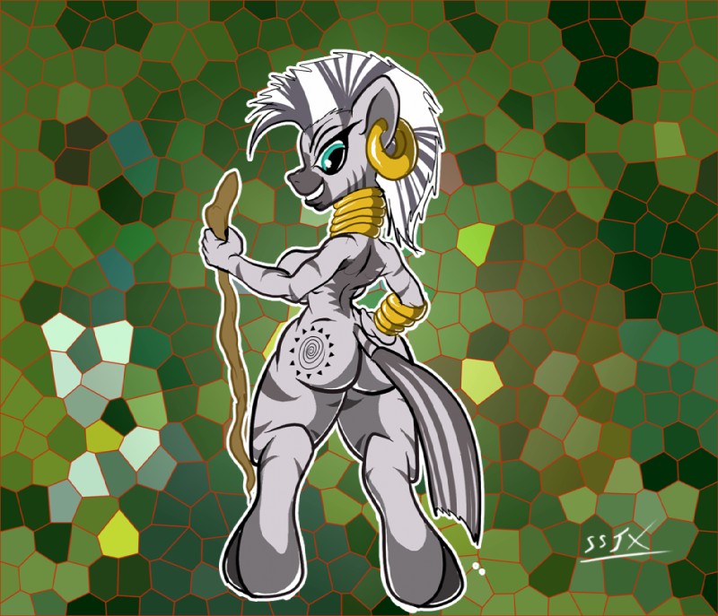 anthro anthrofied breasts butt ear_piercing female jewelry looking_back melee_weapon nude piercing polearm side_boob solo staff stripes weapon da_goddamn_batguy friendship_is_magic hasbro my_little_pony zecora_(mlp) equid equine mammal zebra