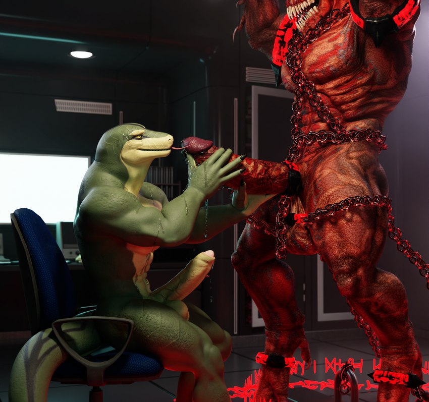 anthro balls bdsm big_penis bodily_fluids bondage bound chain duo erection foreskin genital_fluids genitals glans humanoid_genitalia humanoid_penis licking male male/male oral penile penis penis_lick precum sex side_view sitting standing tongue outofnecessity alpha_(demon) demon reptile scalie snake 3d_(artwork) digital_media_(artwork) hi_res