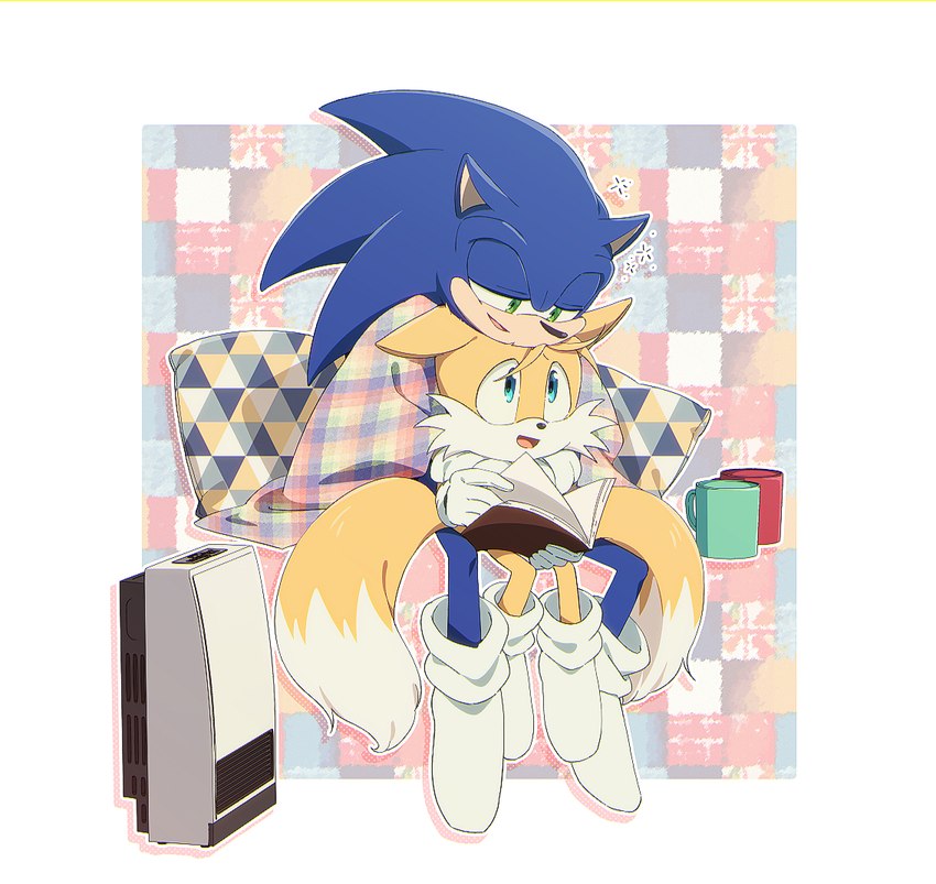 anthro bedding blanket clothing cuddling duo footwear heater male male/male reading socks white_clothing white_footwear white_socks banri_0917 sega sonic_the_hedgehog_(series) miles_prower sonic_the_hedgehog canid canine eulipotyphlan fox hedgehog mammal