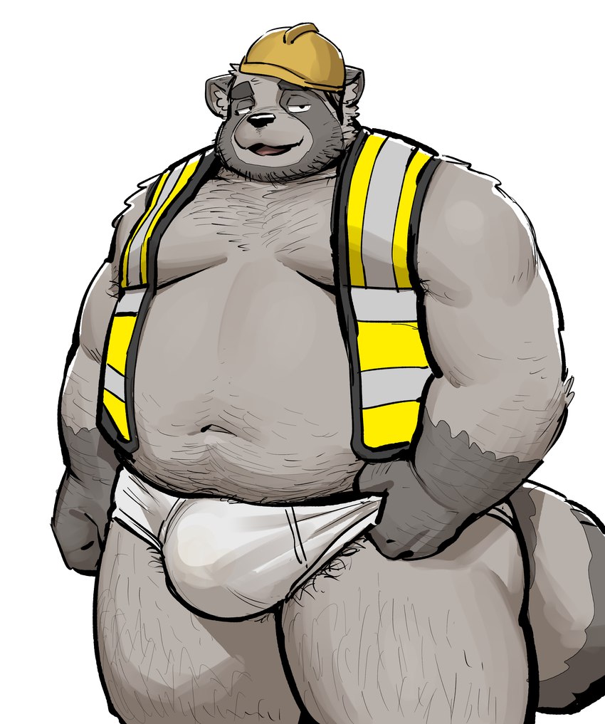 anthro armor belly big_belly bulge clothing hard_hat headgear helmet kemono male moobs overweight overweight_male simple_background solo underwear white_background ggu_open canid canine mammal raccoon_dog tanuki 2024 absurd_res hi_res