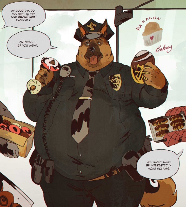 5_fingers anthro badge belly belt bottomwear clothed clothing dessert doughnut fingers food group hat headgear headwear male necktie obese obese_male overweight overweight_male pants pastry police shirt speech_bubble text tongue tongue_out topwear vetrowolf duncan_(trevasuki) canid canine canis domestic_dog german_shepherd herding_dog mammal pastoral_dog 2017 absurd_res english_text hi_res