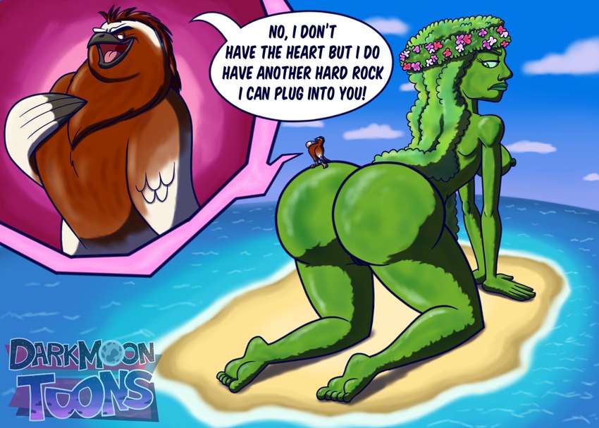 all_fours beach beak big_butt breasts butt dialogue duo feathers female feral flower_wreath green_body innuendo island male nipples nude open_mouth sand sea side_boob size_difference speech_bubble standing_on_butt text water blu3danny disney moana maui_(moana) te_fiti accipitrid accipitriform avian bird eagle humanoid 2017 english_text signature