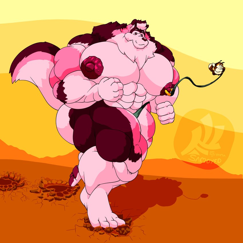 abs antennae_(anatomy) anthro barazoku bdsm belly biceps big_muscles big_nipples big_pecs brown_body brown_fur clothing cracked_ground crush duo extreme_size_difference feet fluffy fluffy_tail footprint fur hair huge_muscles huge_nipples huge_pecs humanoid_feet hyper hyper_moobs hyper_muscles hyper_nipples jogging larger_male larger_pet leash male male/male micro muscular muscular_anthro muscular_male nipple_piercing nipple_ring nipples pecs petplay piercing pink_nose plantigrade ring_piercing roleplay simple_background size_difference smaller_male smile stomping tail thick_thighs toes trample_path walking wings yellow_body fujiyama_samoyed bumble_beans_(fujiyamasamoyed) yanbara_(fujiyamasamoyed) alaskan_malamute arthropod bee bumble_bee_(species) canid canine canis domestic_dog hybrid hymenopteran insect mammal nordic_sled_dog raccoon_dog spitz tanuki himbo 1:1 digital_media_(artwork) hi_res