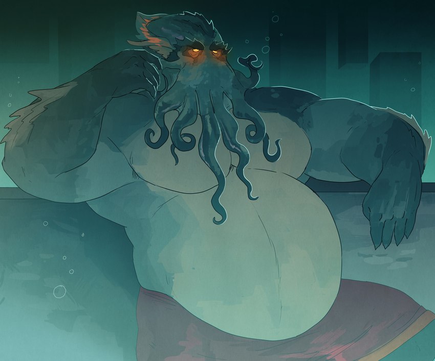 anthro belly bottomwear bubble clothed clothing detailed_background glowing glowing_eyes green_body male moobs orange_eyes overweight overweight_anthro overweight_male resting_arm shorts solo tentacles underwater water vetrowolf cthulhu_mythos h._p._lovecraft cthulhu cephalopod coleoid marine mollusk octopodiform octopus 2022 colored digital_drawing_(artwork) digital_media_(artwork)