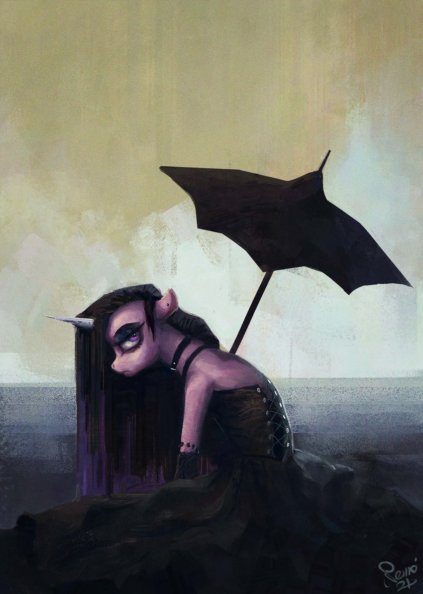 alternative_fashion black_eyeliner black_eyeshadow choker clothing collar dress ear_piercing eyeliner eyeshadow female goth horn jewelry makeup necklace on_ground piercing purple_eyes sitting solo umbrella nemo2d hasbro mlp_g5 my_little_pony mythology goth_izzy_(mlp) izzy_moonbow_(mlp) equid equine mammal mythological_creature mythological_equine unicorn absurd_res digital_media_(artwork) digital_painting_(artwork) hi_res