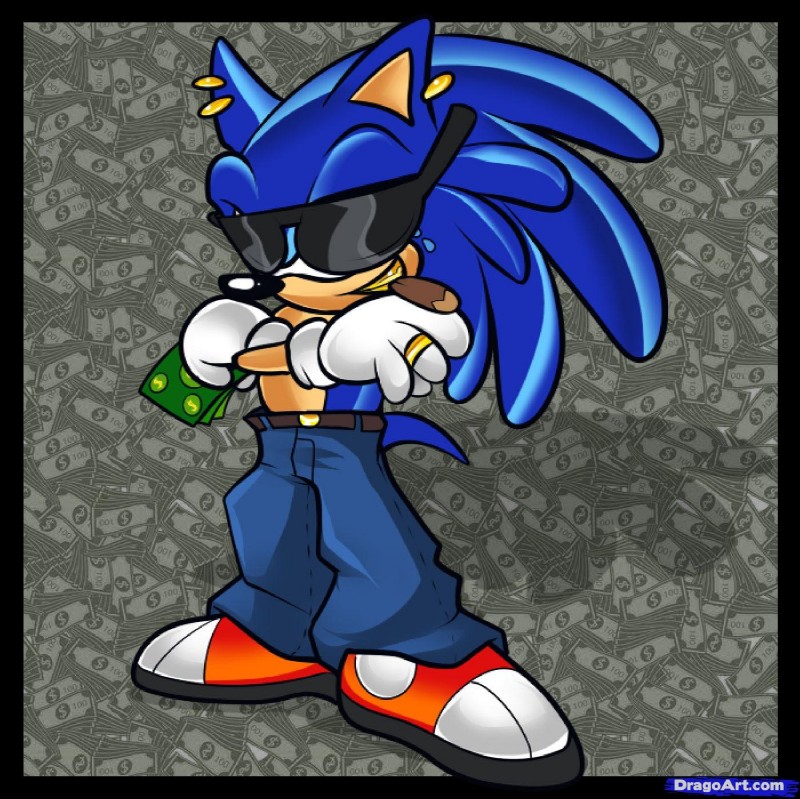 anthro bling blue_body blue_fur blue_hair bottomwear clothing crossed_arms denim denim_bottomwear denim_clothing ear_piercing eyewear fur gangster hair jeans male money pants piercing pose side_mouth solo sunglasses tail unknown_artist sega sonic_the_hedgehog_(series) sonic_the_hedgehog eulipotyphlan hedgehog mammal hi_res