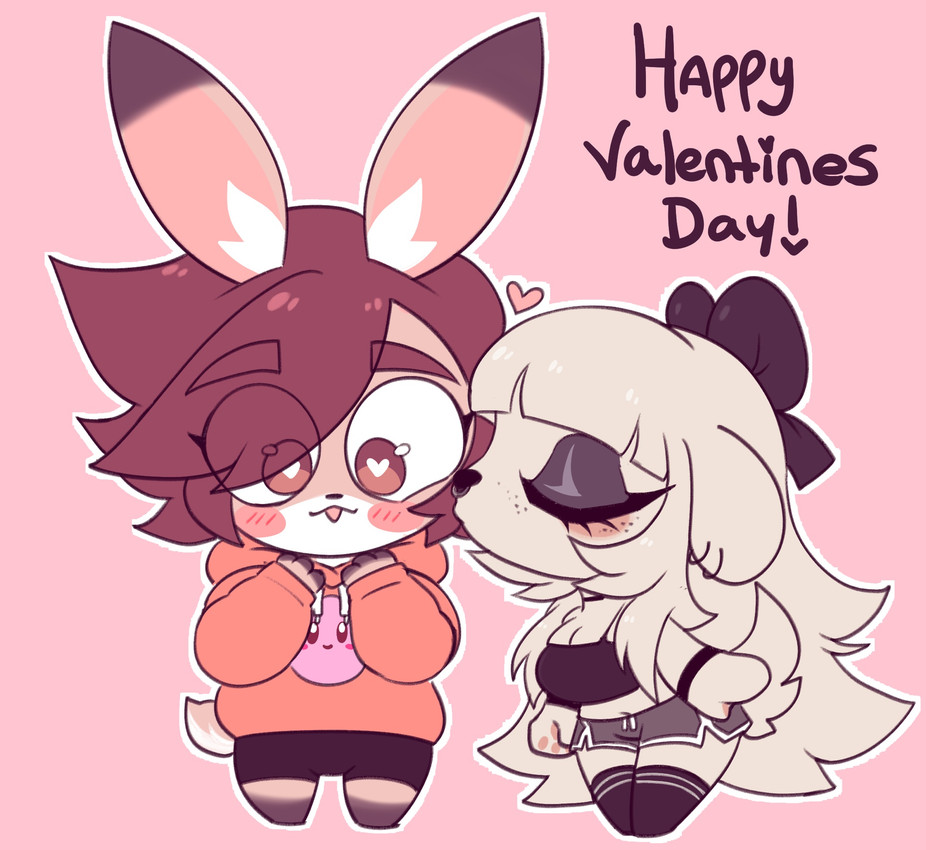 accessory anthro black_clothing black_topwear blush blush_lines blush_stickers bottomwear bow_ribbon brown_eyes brown_hair chibi clothing duo ear_piercing eyelashes eyes_closed eyeshadow facial_piercing female freckled_face freckles fur hair hair_accessory hair_bow hair_ribbon heart_symbol holidays hoodie kissing_cheek legwear long_eyelashes makeup male male/female nose_piercing nose_ring orange_clothing orange_hoodie orange_topwear piercing pink_background ribbons ring_piercing shorts simple_background thigh_highs topwear white_body white_fur white_hair vetarix kirby_(series) nintendo valentine's_day kirby lily_(vetarix) mush_(themushlord) canid canine canis domestic_dog lagomorph leporid mammal rabbit hi_res